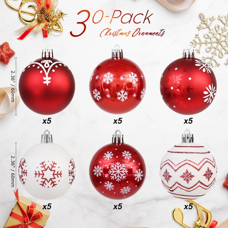 Sea Team 60mm/2.36" Delicate Contrast Color Theme Painting & Glittering Christmas Tree Pendants Decorative Hanging Christmas Baubles Balls Ornaments Set - 30 Pieces (Red & White) - Image 2